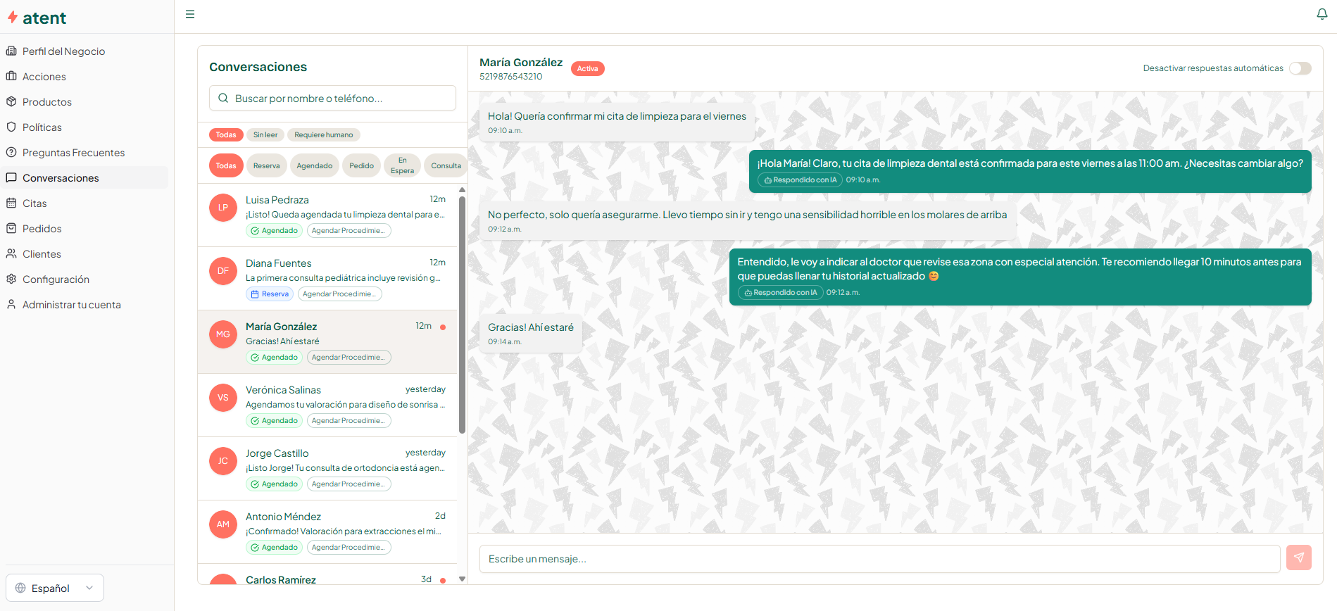 Vista de conversaciones en Atent